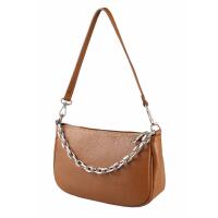Made in Italy DAMEN LEDER TASCHE Pochette mit Kette Schultertasche Handtasche City Bag Umhängetasche Clutch Ledertasche Bodybag Schmucktasche CrossBody Cross-Over Cognac(Silber)