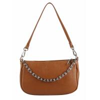 Made in Italy DAMEN LEDER TASCHE Pochette mit Kette Schultertasche Handtasche City Bag Umhängetasche Clutch Ledertasche Bodybag Schmucktasche CrossBody Cross-Over Cognac(Silber)