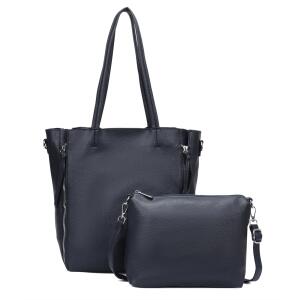Damen Tasche Set 2in1 Shopper Handtasche Crossbody Hobo Bag Schultertasche Umhängetasche Metallic Cross-Over DIN-A4 Dunkelblau V2