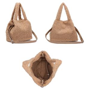 Damen Teddyfell Tasche Shopper Tote Bag Handtasche Plüsch Schultertasche Teddytasche Umhängetasche Pelz Damentasche Felltasche Wintertasche Beuteltasche Cognac