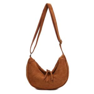 DAMEN TASCHE MOON Bag Brust Wildlederoptik Crossbody Runde Schultertasche Umhängetasche Crossover Suedette Halbmond Reise Cognac