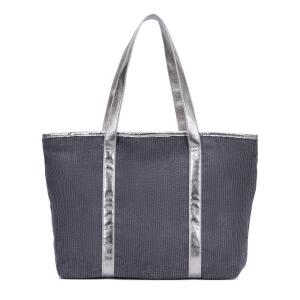 Damen Shopper Tote Hobo Bag Umhängetasche Schultertasche Metallic Cord Tasche Henkeltasche Beuteltasche Freizeit Abend Urlaub Weekender Wildleder Leder Veloursleder Optik Grau