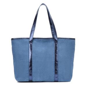 Damen Shopper Tote Hobo Bag Umhängetasche Schultertasche Metallic Cord Tasche Henkeltasche Beuteltasche Freizeit Abend Urlaub Weekender Wildleder Leder Veloursleder Optik Jeansblau
