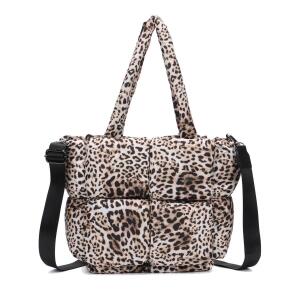 Damen Tasche Leopard Nylon Shopper Puffer Schultertasche Tote Bag Umhängetasche Nylontasche Beuteltasche Handtasche Weekender Reisetasche