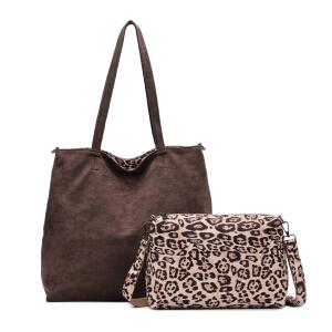 XL Damen Tasche Set 2in1 Shopper Leo Handtasche Crossbody Tote Bag Schultertasche Wildleder Optik Umhängetasche Cross-Over DIN-A4 Schmucktasche Samt