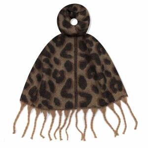 Damen XL LEO SCHAL Stola Halstuch Winterschal mit quasten/fransen Leopard Muster Scarf Animal Print Deckenschal Herbst Winter Cognac