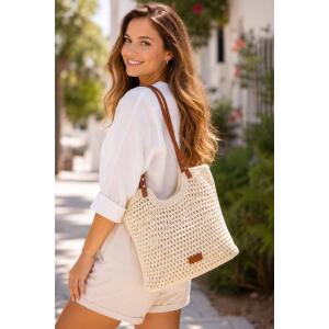 Damen Tasche Strohtasche Tote Bag Schultertasche Boho Shopper Strand Umhängetasche Geflecht Retro Häkeltasche Handtasche Weiß
