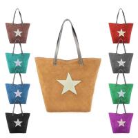 Made in Italy Damen Tasche Leder Velourleder Wildleder Stern Shopper Schultertasche Umhängetasche Cognac
