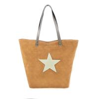 Made in Italy Damen Tasche Leder Velourleder Wildleder Stern Shopper Schultertasche Umhängetasche Cognac