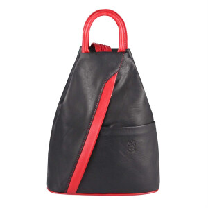 Made in Italy Damen echt Leder Rucksack Backpack Lederrucksack Tasche Schultertasche Ledertasche Nappaleder Schwarz-Rot