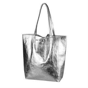 OBC Made in Italy DAMEN LEDER TASCHE DIN-A4 Shopper Schultertasche Henkeltasche Tote Bag Metallic Handtasche Umhängetasche Beuteltasche Grau (Metallic)