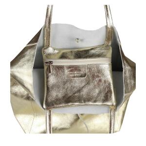 OBC Made in Italy DAMEN LEDER TASCHE DIN-A4 Shopper Schultertasche Henkeltasche Tote Bag Metallic Handtasche Umhängetasche Beuteltasche Gold (Metallic)
