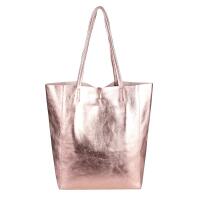 Made in Italy DAMEN LEDER TASCHE DIN-A4 Shopper Schultertasche Henkeltasche Tote Bag Metallic Handtasche Umhängetasche Beuteltasche Rosa (Metallic)