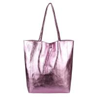OBC Made in Italy DAMEN LEDER TASCHE DIN-A4 Shopper Schultertasche Henkeltasche Tote Bag Metallic Handtasche Umhängetasche Beuteltasche Pink (Metallic)