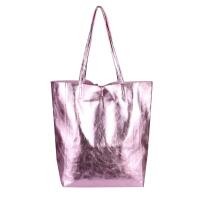 OBC Made in Italy DAMEN LEDER TASCHE DIN-A4 Shopper Schultertasche Henkeltasche Tote Bag Metallic Handtasche Umhängetasche Beuteltasche Pink (Metallic)