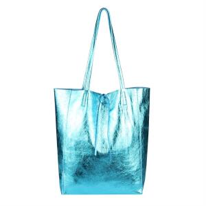 OBC Made in Italy DAMEN LEDER TASCHE DIN-A4 Shopper Schultertasche Henkeltasche Tote Bag Metallic Handtasche Umhängetasche Beuteltasche Blau (Metallic)