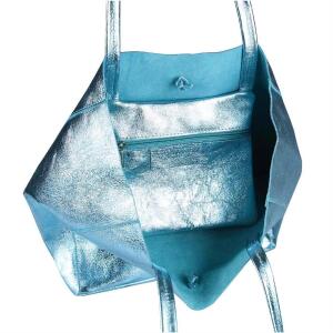 OBC Made in Italy DAMEN LEDER TASCHE DIN-A4 Shopper Schultertasche Henkeltasche Tote Bag Metallic Handtasche Umhängetasche Beuteltasche Blau (Metallic)