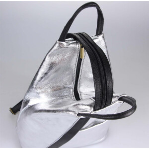 Made in Italy Damen echt Leder Rucksack Backpack Lederrucksack Tasche Schultertasche Ledertasche Nappaleder Silber-Schwarz