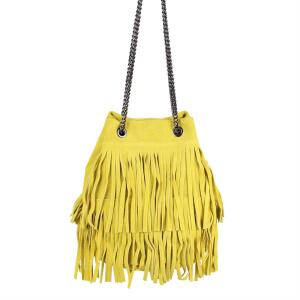 Made in Italy Damen Leder Tasche Fransen Shopper Kettentasche Beutel Wildleder Handtasche Umhängetasche Bucket Bag Schultertasche Ledertasche Gelb