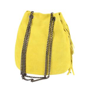 Made in Italy Damen Leder Tasche Fransen Shopper Kettentasche Beutel Wildleder Handtasche Umhängetasche Bucket Bag Schultertasche Ledertasche Gelb