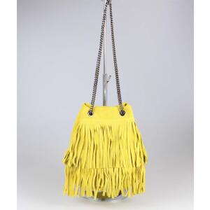 Made in Italy Damen Leder Tasche Fransen Shopper Kettentasche Beutel Wildleder Handtasche Umhängetasche Bucket Bag Schultertasche Ledertasche Gelb