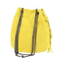 Made in Italy Damen Leder Tasche Fransen Shopper Kettentasche Beutel Wildleder Handtasche Umhängetasche Bucket Bag Schultertasche Ledertasche Gelb