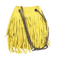 Made in Italy Damen Leder Tasche Fransen Shopper Kettentasche Beutel Wildleder Handtasche Umhängetasche Bucket Bag Schultertasche Ledertasche Gelb