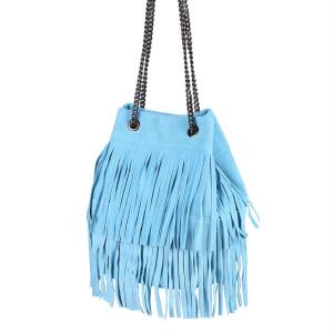 Made in Italy Damen Leder Tasche Fransen Shopper Kettentasche Beutel Wildleder Handtasche Umhängetasche Bucket Bag Schultertasche Ledertasche Blau