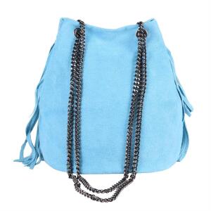 Made in Italy Damen Leder Tasche Fransen Shopper Kettentasche Beutel Wildleder Handtasche Umhängetasche Bucket Bag Schultertasche Ledertasche Blau