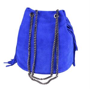 Made in Italy Damen Leder Tasche Fransen Shopper Kettentasche Beutel Wildleder Handtasche Umhängetasche Bucket Bag Schultertasche Ledertasche Königsblau