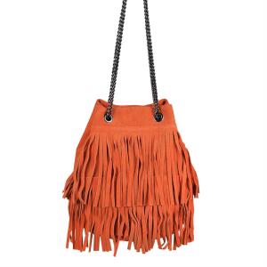Made in Italy Damen Leder Tasche Fransen Shopper Kettentasche Beutel Wildleder Handtasche Umhängetasche Bucket Bag Schultertasche Ledertasche Orange
