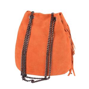 Made in Italy Damen Leder Tasche Fransen Shopper Kettentasche Beutel Wildleder Handtasche Umhängetasche Bucket Bag Schultertasche Ledertasche Orange