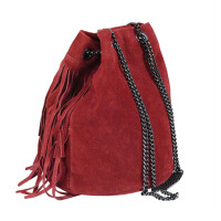 Made in Italy Damen Leder Tasche Fransen Shopper Kettentasche Beutel Wildleder Handtasche Umhängetasche Bucket Bag Schultertasche Ledertasche Rot