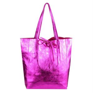 Made in Italy DAMEN LEDER TASCHE DIN-A4 Shopper Schultertasche Henkeltasche Tote Bag Metallic Handtasche Umhängetasche Beuteltasche Pink.(Metallic)