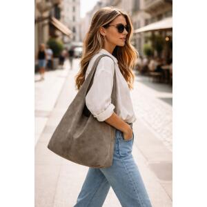 MADE IN ITALY DAMEN LEDER TASCHE Handtasche Wildleder Shopper Schultertasche Hobo-Bag Henkeltasche Beuteltasche Velourleder Dunkelgrau