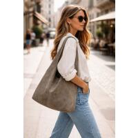 MADE IN ITALY DAMEN LEDER TASCHE Handtasche Wildleder Shopper Schultertasche Hobo-Bag Henkeltasche Beuteltasche Velourleder Dunkelgrau