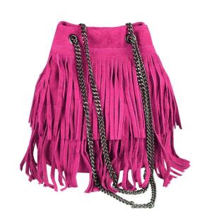 Made in Italy Damen Leder Tasche Fransen Shopper Kettentasche Beutel Wildleder Handtasche Umhängetasche Bucket Bag Schultertasche Ledertasche Pink