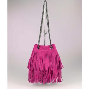 Made in Italy Damen Leder Tasche Fransen Shopper Kettentasche Beutel Wildleder Handtasche Umhängetasche Bucket Bag Schultertasche Ledertasche Pink