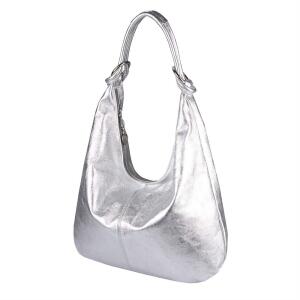 ITALY DAMEN Echt LEDER TASCHE Schultertasche Handtasche Umhängetasche Beuteltasche Metallic Bag Silber