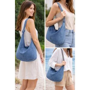 Made in Italy Damen XXL Ledertasche Wildleder Hobo Bag Shopper Tasche Schultertasche Beuteltasche City Reise Freizeit Urlaub Umhängetasche Jeansblau