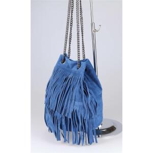 Made in Italy Damen Leder Tasche Fransen Shopper Kettentasche Beutel Wildleder Handtasche Umhängetasche Bucket Bag Schultertasche Ledertasche Jeansblau