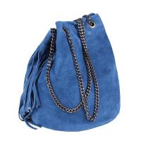 Made in Italy Damen Leder Tasche Fransen Shopper Kettentasche Beutel Wildleder Handtasche Umhängetasche Bucket Bag Schultertasche Ledertasche Jeansblau