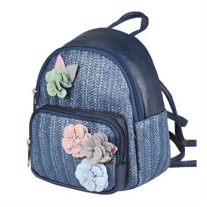 ital-design DAMEN BLUMEN MINI-RUCKSACK Backpack Tasche Daypack Cityrucksack Leder Optik Schultertasche Flechtoptik Stadtrucksack Blau