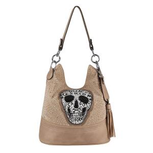 Damen Handtasche Totenkopf Skull Blogger Bag Tasche New Grau Patch Fransen NEU 
