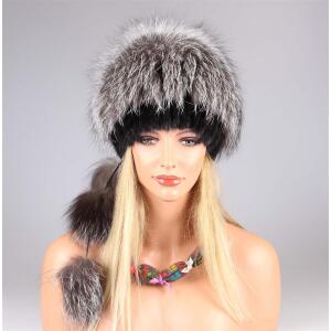 DAMEN SILBERFUCHS MÜTZE Fuchs Pelzmütze Fellmütze Wintermütze Bommelmütze Pelzkappe Oversizemütze Beanie