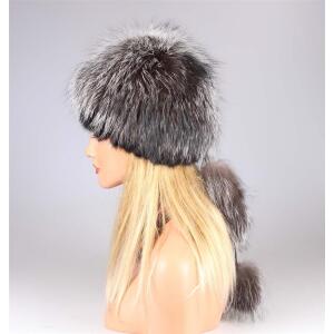 DAMEN SILBERFUCHS MÜTZE Fuchs Pelzmütze Fellmütze Wintermütze Bommelmütze Pelzkappe Oversizemütze Beanie