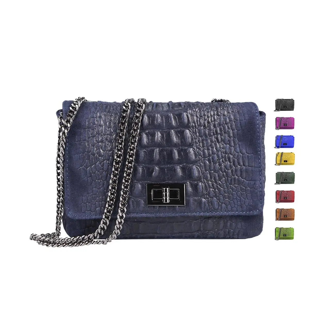 Made in Italy Damen Leder Tasche Kroko-Prägung Kette...