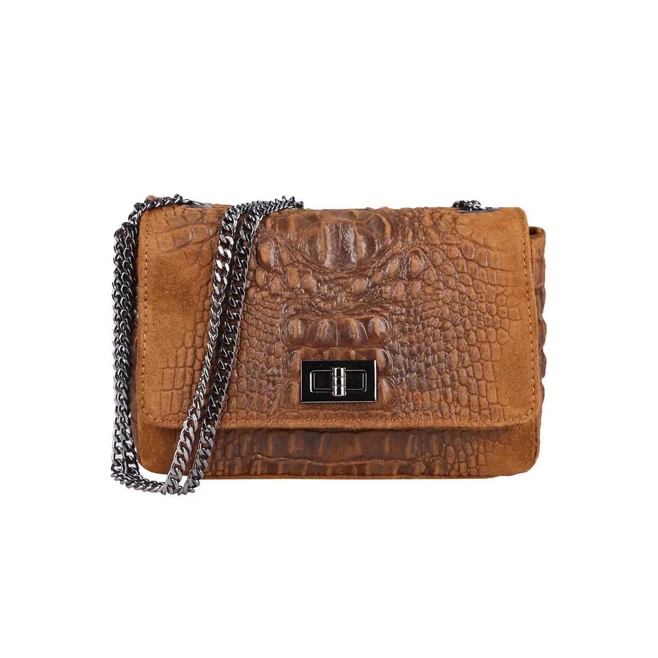 Made in Italy Damen Leder Tasche Kroko-Prägung Kette...