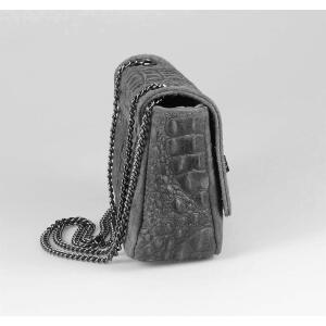 Made in Italy Damen Leder Tasche Kroko-Prägung Kette Henkeltasche Clutch Wildleder Handtasche Umhängetasche Ledertasche Schultertasche Grau