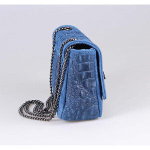 Made in Italy Damen Leder Tasche Kroko-Prägung Kette Henkeltasche Clutch Wildleder Handtasche Umhängetasche Ledertasche Schultertasche Jeansblau